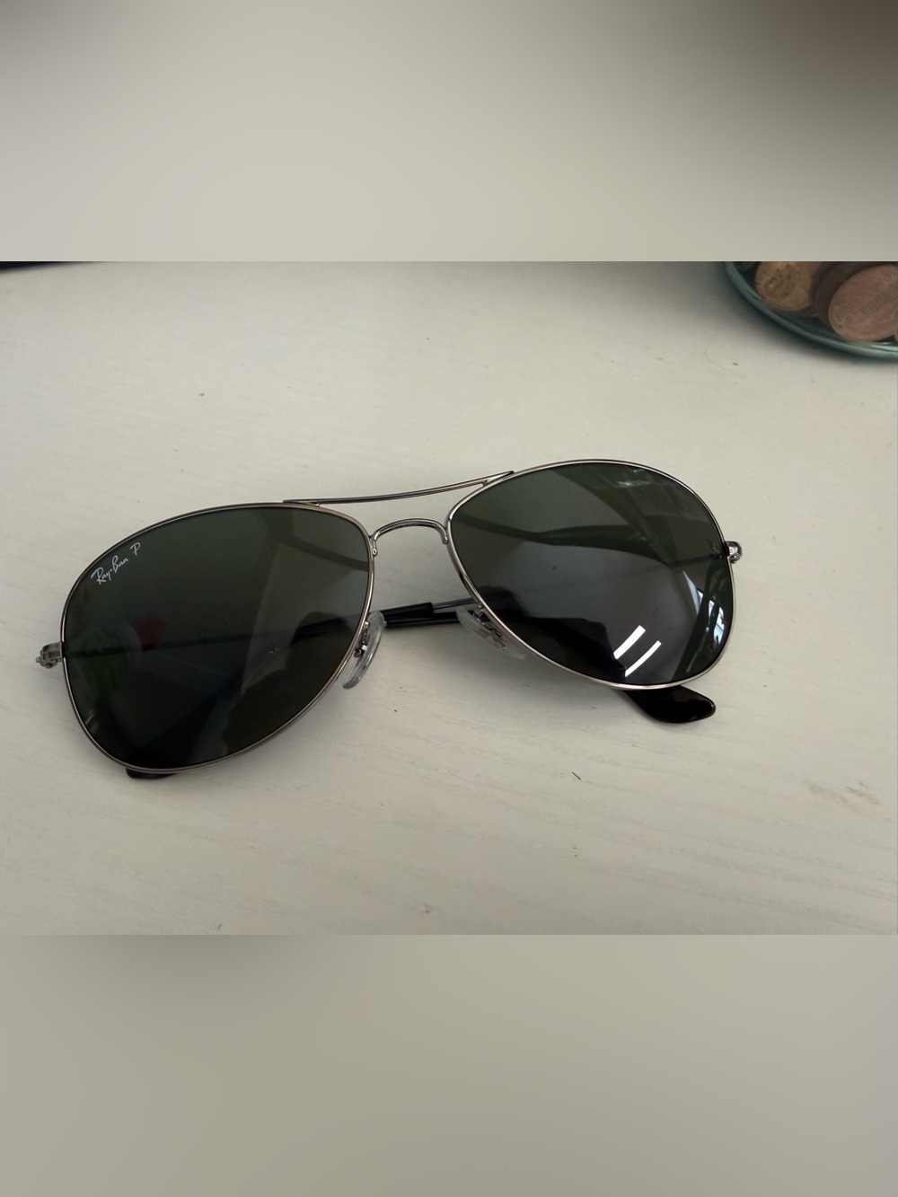 Ray-Ban Silver Aviator Sunglasses with Dark Green Lenses